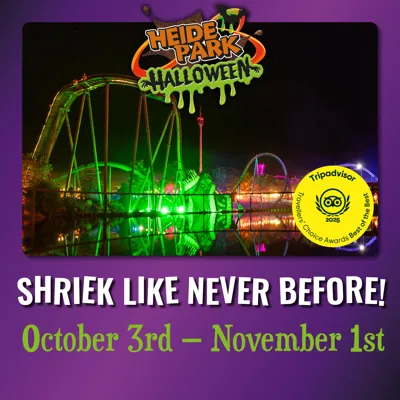Purple image showing heide park lit up at night with the words Shriek like never before October 3rd - November 1st