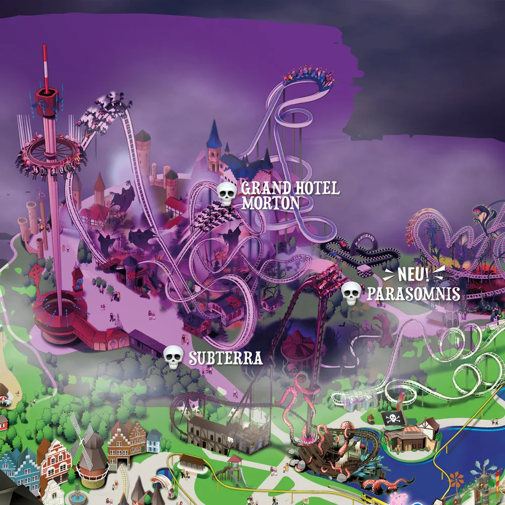 Heide Park Halloween 2025 mit neuer Horror-Attraktion "Parasomnis - Die Albtraum Therapie" 2 Ein Kartenausschnitt vom Parkplan, der die Gruselzone beim diesjährigen Halloween im Heide Park zeigt.